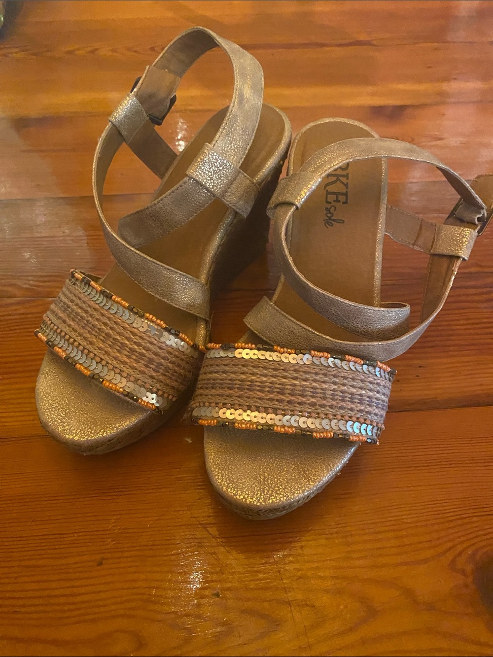 BKE Metallic Bronze Sequin Wedge Sandals